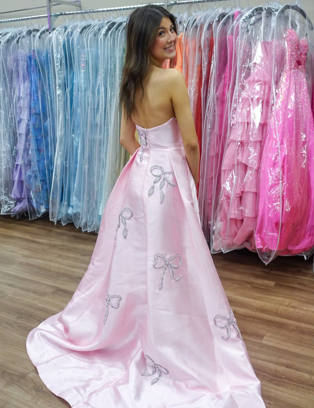 Women's Satin Strapless Prom Dresses Long A Line Sweetheart Crystal Beaded Party Gowns HE1271
