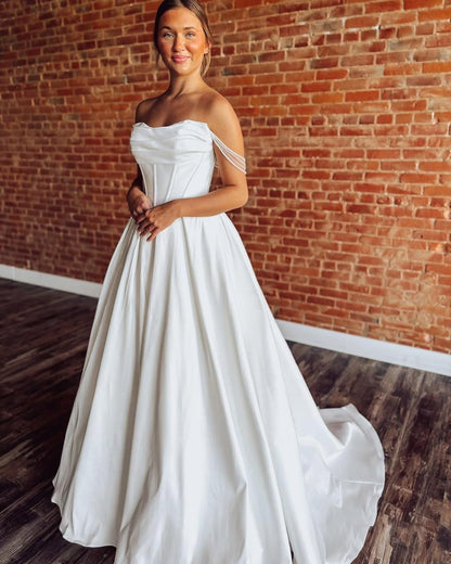 Off Shoulder A Line Satin Wedding Dresses for Bride Corset Wedding Gow Hebebridal Off Shoulder A Line Satin Wedding Dresses for Bride Corset Wedding Gow Hebebridal