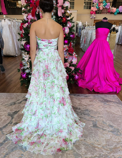 Women's Strapless Chiffon Floral Print Long Prom Dresses Ruffled Evening Party Gown HE1268