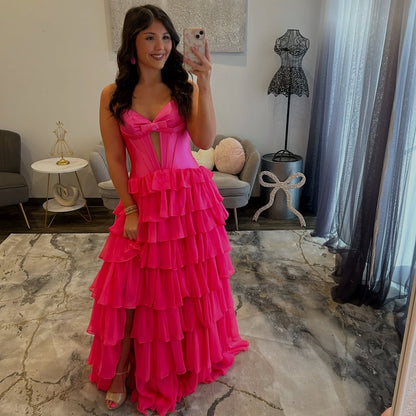 Sweetheart A Line Chiffon Tiered Prom Dresses Long Strapless Evening Party Gowns with Slit HE1373