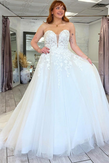 Sweetheart A Line Tulle Wedding Dresses Lace Appliqued Boho Bride Wedding Gown HE1431