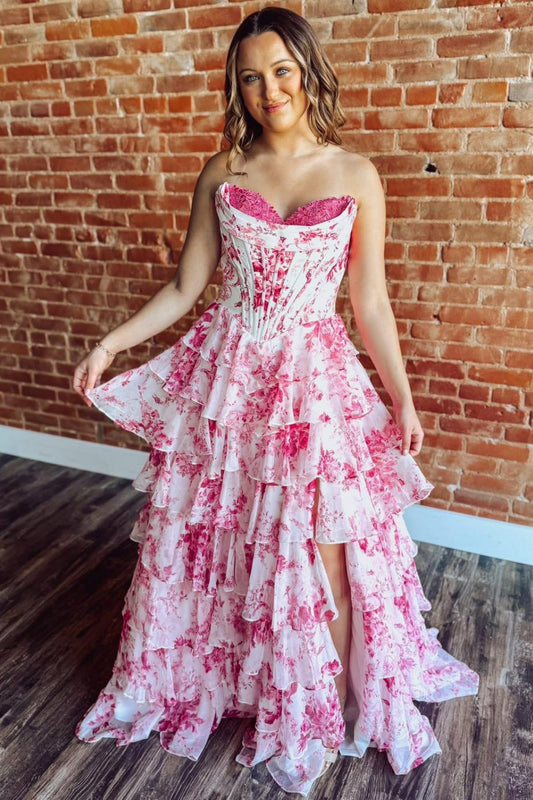 Women's Sweetheart Corset Chiffon Floral Print A Line Long Prom Dresses with Slit HE1478