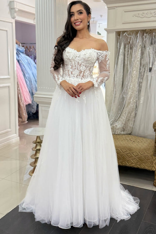 Long Sleeves A Line Wedding Dresses Tulle Appliqued Beach Bridal Wedding Gowns HE1347