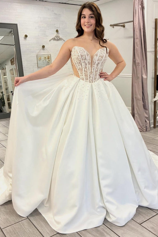 A Line Satin Lace Appliqued Wedding Dresses Strapless Boho Wedding Gowns HE1429