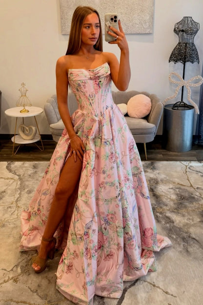 Women's A Line Satin Floral Print Prom Dresses Sweetheart Long Party Gowns with Slit HE1420