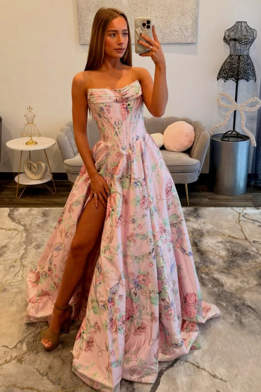 Women's A Line Satin Floral Print Prom Dresses Sweetheart Long Party Gowns with Slit HE1420