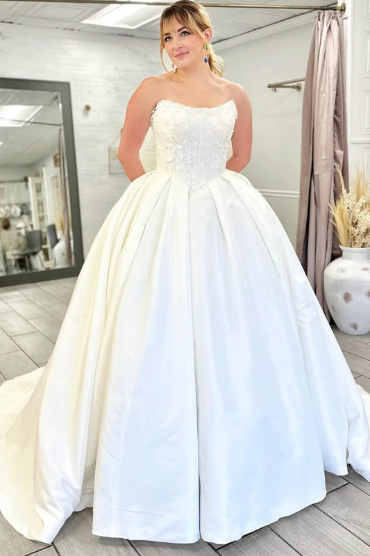 Strapless Satin A Line Wedding Dresses Sweetheart Bridal Wedding Gowns for Women HE1430