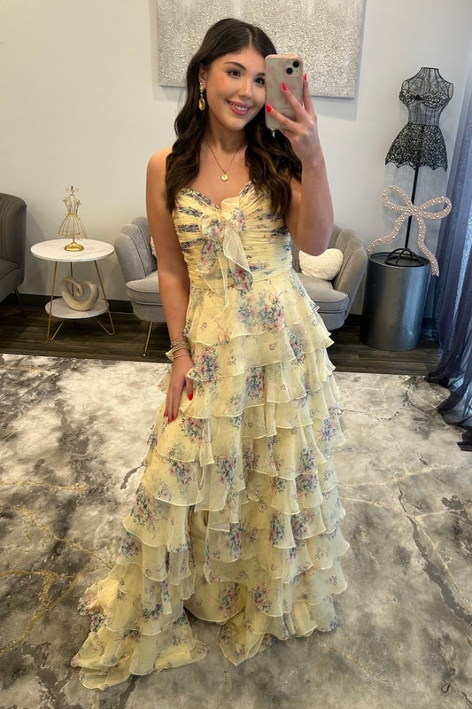 Women's A Line Chiffon Tiered Sweetheart Long Prom Dresses with Floral Print HE1470
