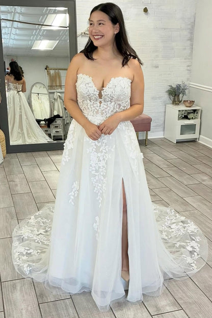 Strapless A Line Beach Lace Wedding Dresses Tulle Boho Wedding Gowns for Women HE1449
