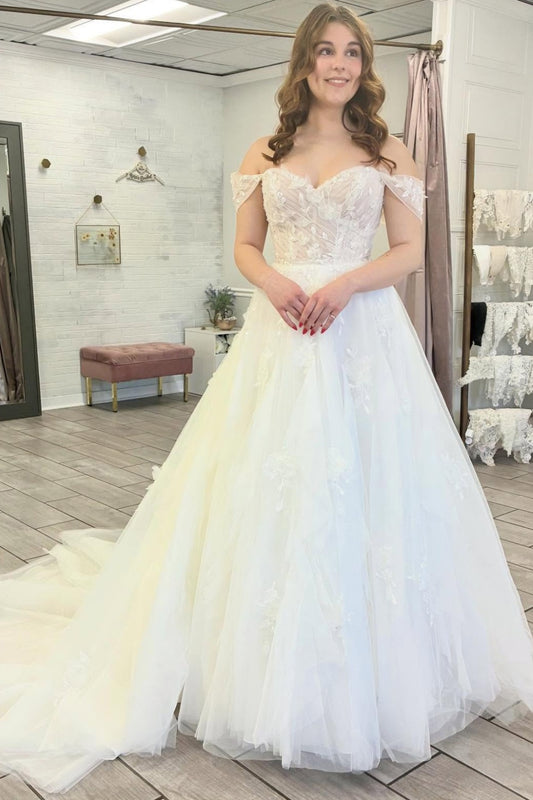 Women's Lace Off Shoulder Boho Wedding Dresses A Line Tulle Wedding Gowns HE1432