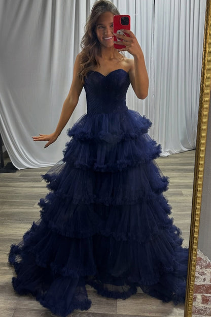 Women's A Line Prom Dresses Long Tulle Ruffled Keyhole Evening Party Gowns HE1324