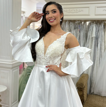 Satin A Line Appliqued Wedding Dresses V Neck Elegant Wedding Gowns for Women HE1382