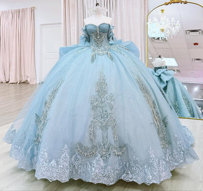Tulle Lace Appliqued Blue Quinceanera Dresses Sweet 16 Princess Corset Party Gowns HE1292
