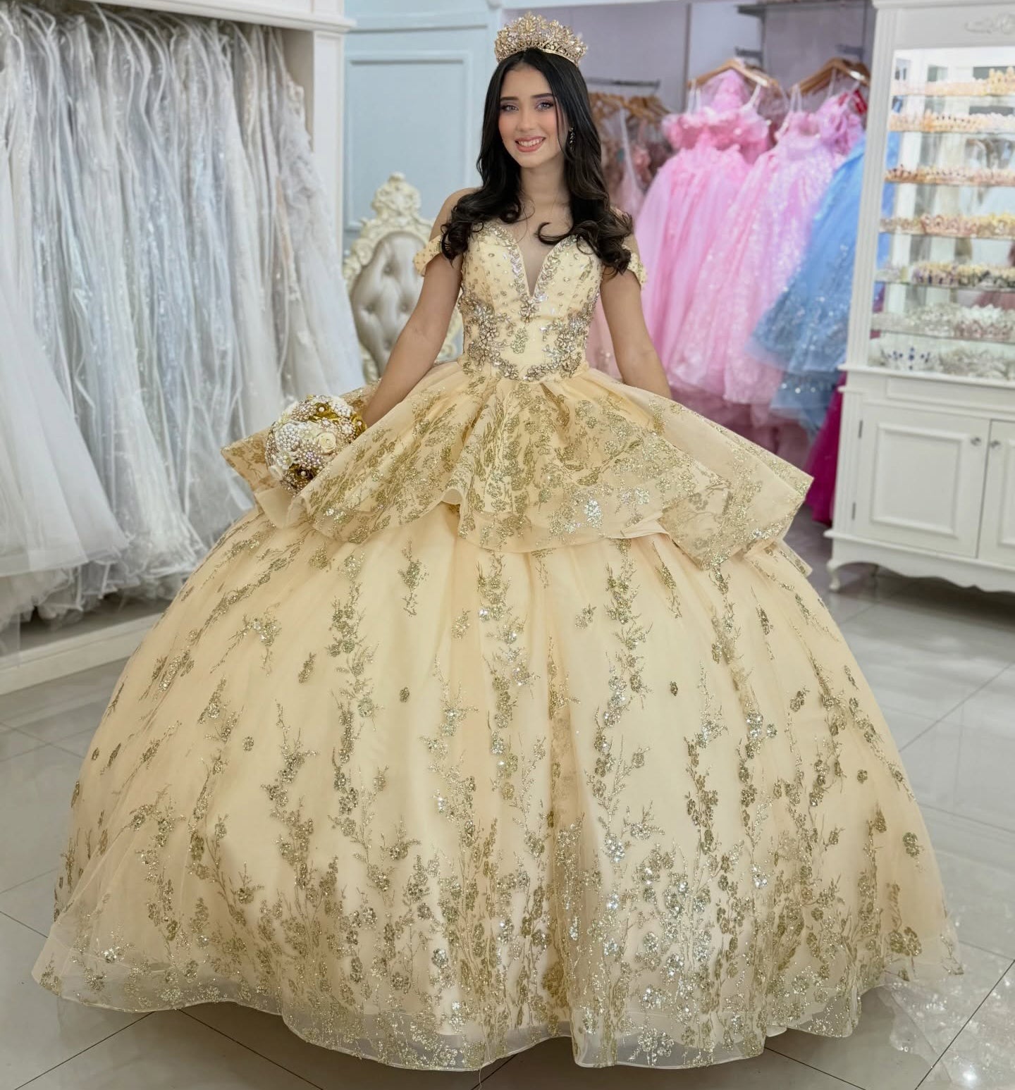 Luxury Tulle Lace Beaded Quinceanera Dresses Ball Gown Gold Sweet 15 Party Dress HE1282