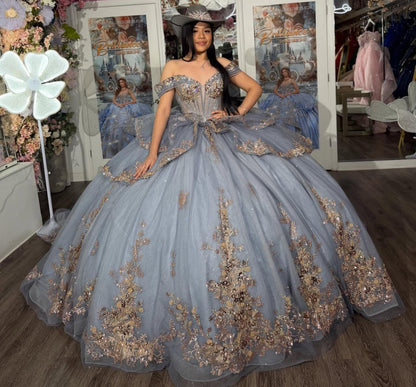 Off Shoulder Lace Appliqued Sweet 15 Quinceanera Dresses Princess Birthday Party Gowns HE1358