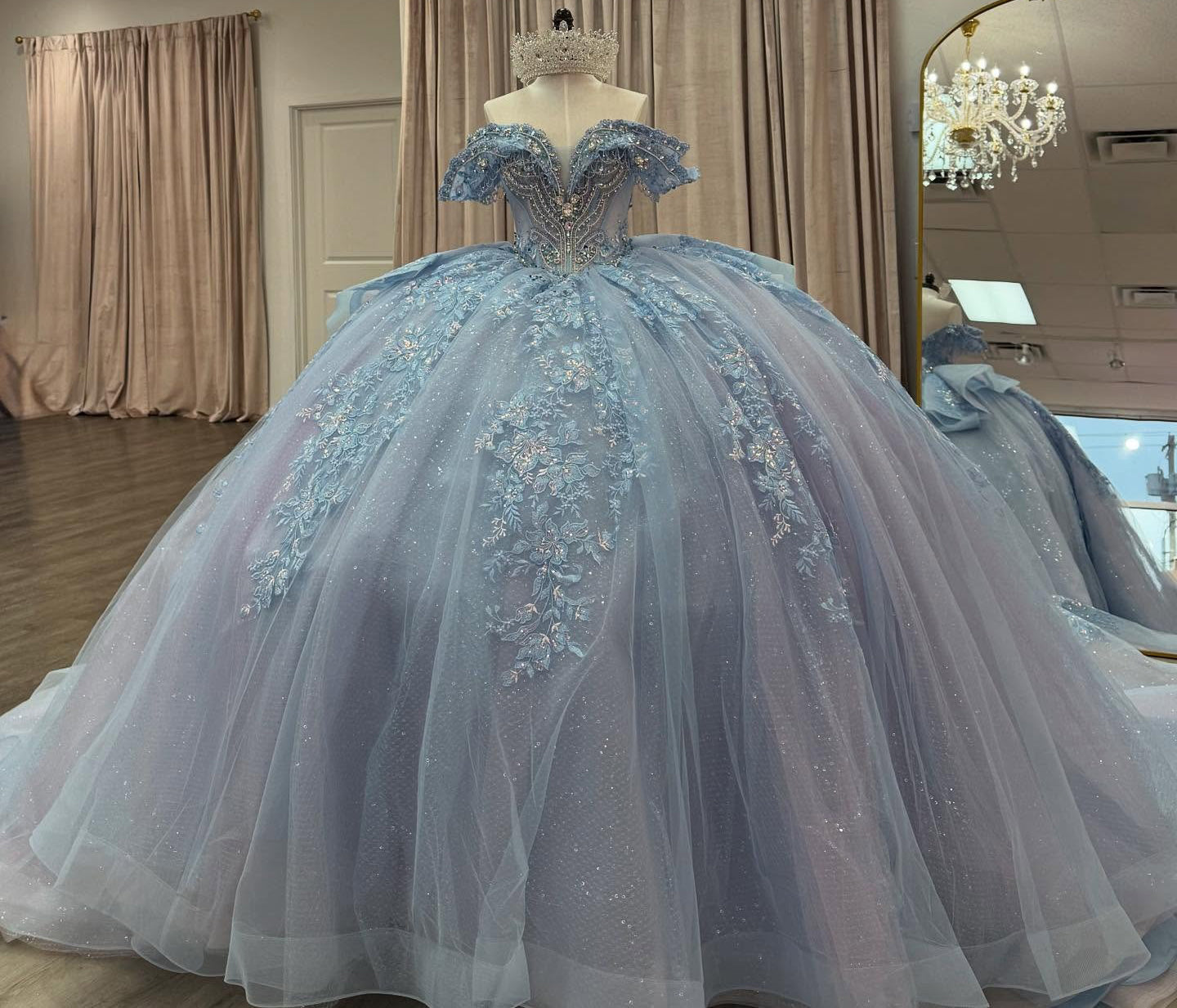 Glittery Tulle Lace Blue Quinceanera Dresses Off Shoulder Sweet 15 Birthday Photoshoot Gown HE1303