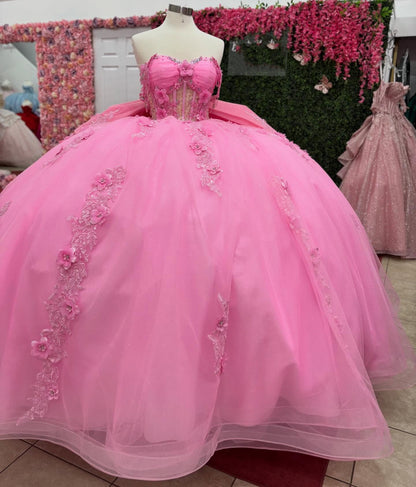 Princess Lace Appliqued Pink Quinceanera Dresses Off Shoulder Sweet 15 Birthday Gown HE1393