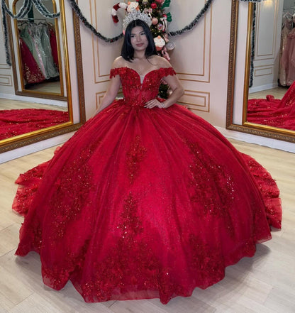 Ball Gown Princess Red Quinceanera Dresses Off Shoulder Sweet 15 Birthday Gowns HE1259