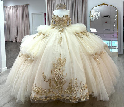 Luxury Champagne Quinceanera Dresses Tulle Tiered Sweet 15 Photoshoot Party Gown HE1305