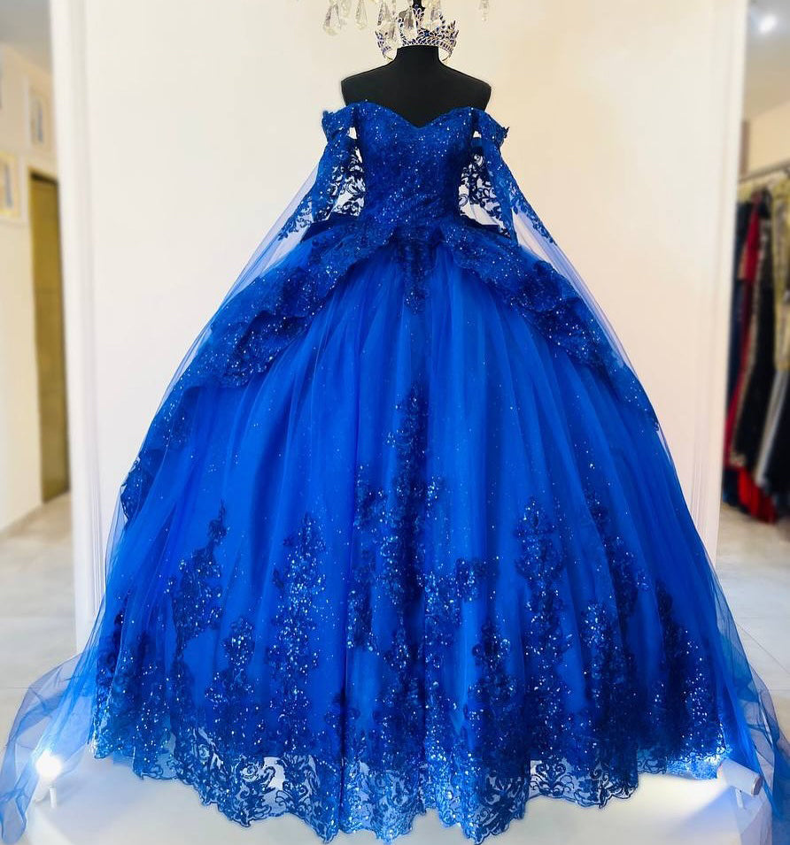 Princess Ball Gown Lace Appliqued Quinceanera Dresses Tulle Sweet 15 Party Gowns HE1386