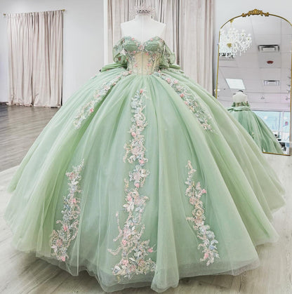 Princess Tulle Appliqued Green Quinceanera Dresses Corset Beaded Photoshoot Dress HE1304