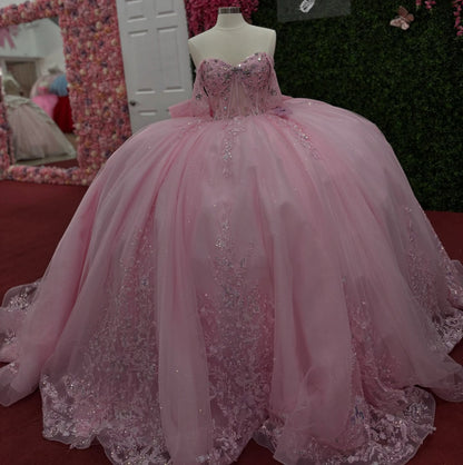 Glittery Tulle Lace Appliqued Pink Quinceanera Dresses Sweet 16 Birthday Party Gown HE1394
