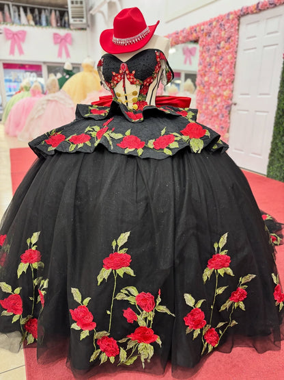 Off Shoulder Glittery Tulle Black Quinceanera Dresses Flowered Sweet 16 Party Gown HE1392