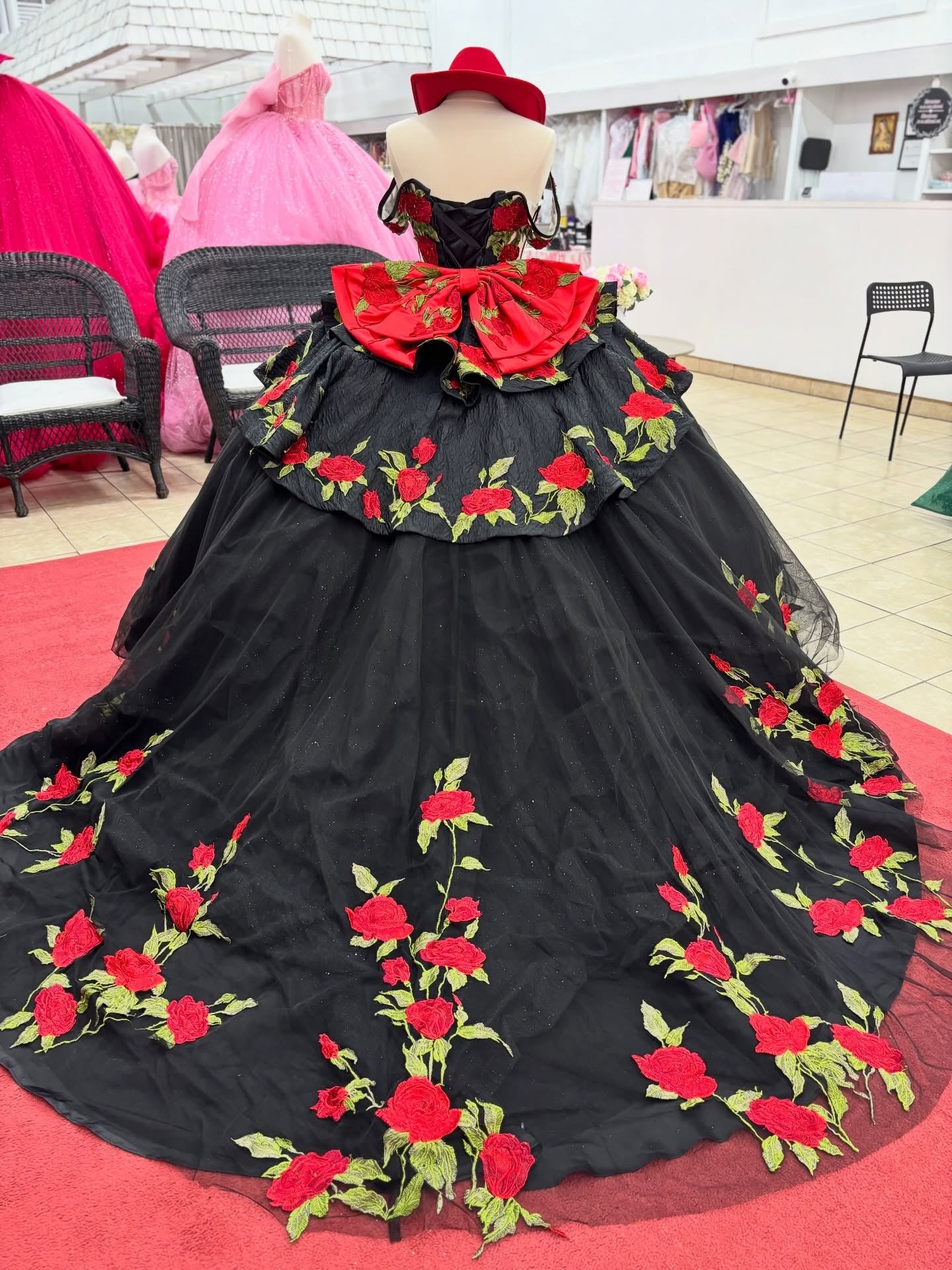 Off Shoulder Glittery Tulle Black Quinceanera Dresses Flowered Sweet 16 Party Gown HE1392