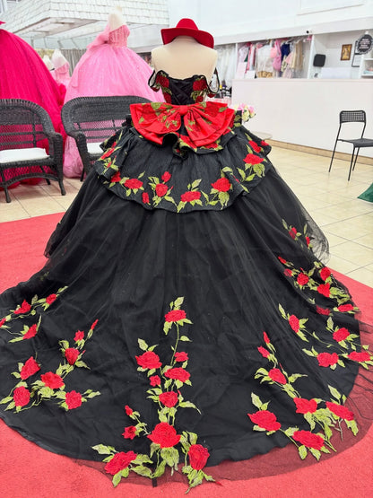 Off Shoulder Glittery Tulle Black Quinceanera Dresses Flowered Sweet 16 Party Gown HE1392