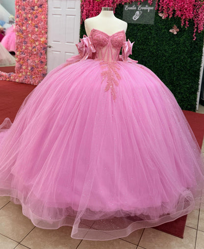 Glittery Tulle Crystal Beaded Pink Quinceanera Dresses Sweet 15 Party Gowns with Bowknot HE1409