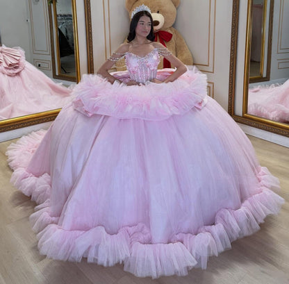 Off Shoulder Pink Quinceanera Dresses Tulle Beaded Corset Sweet 16 Party Gowns HE1353