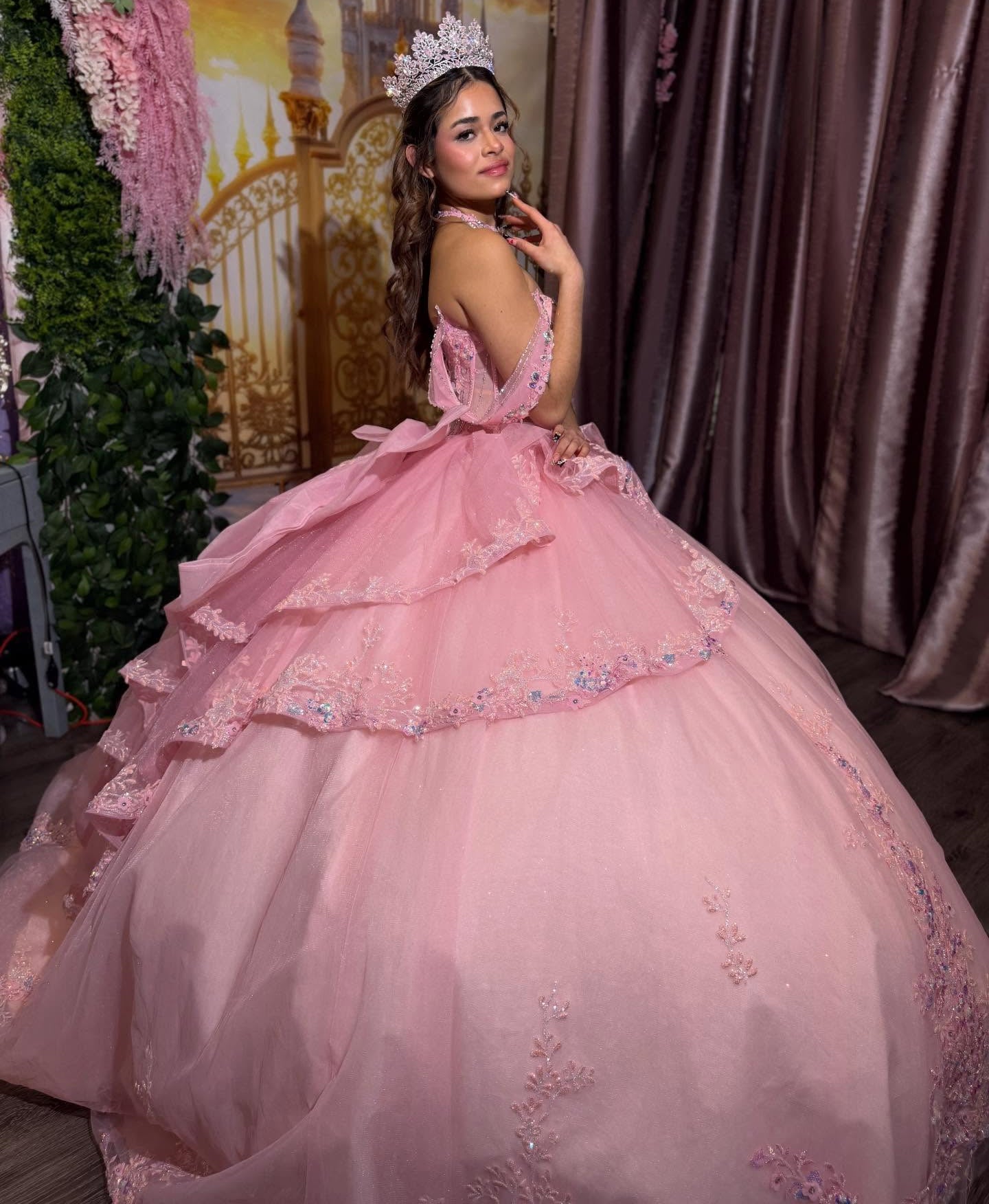 Ball Gown Tulle Lace Pink Quinceanera Dresses Ruffled Corset Sweet 16 Party Gowns HE1349