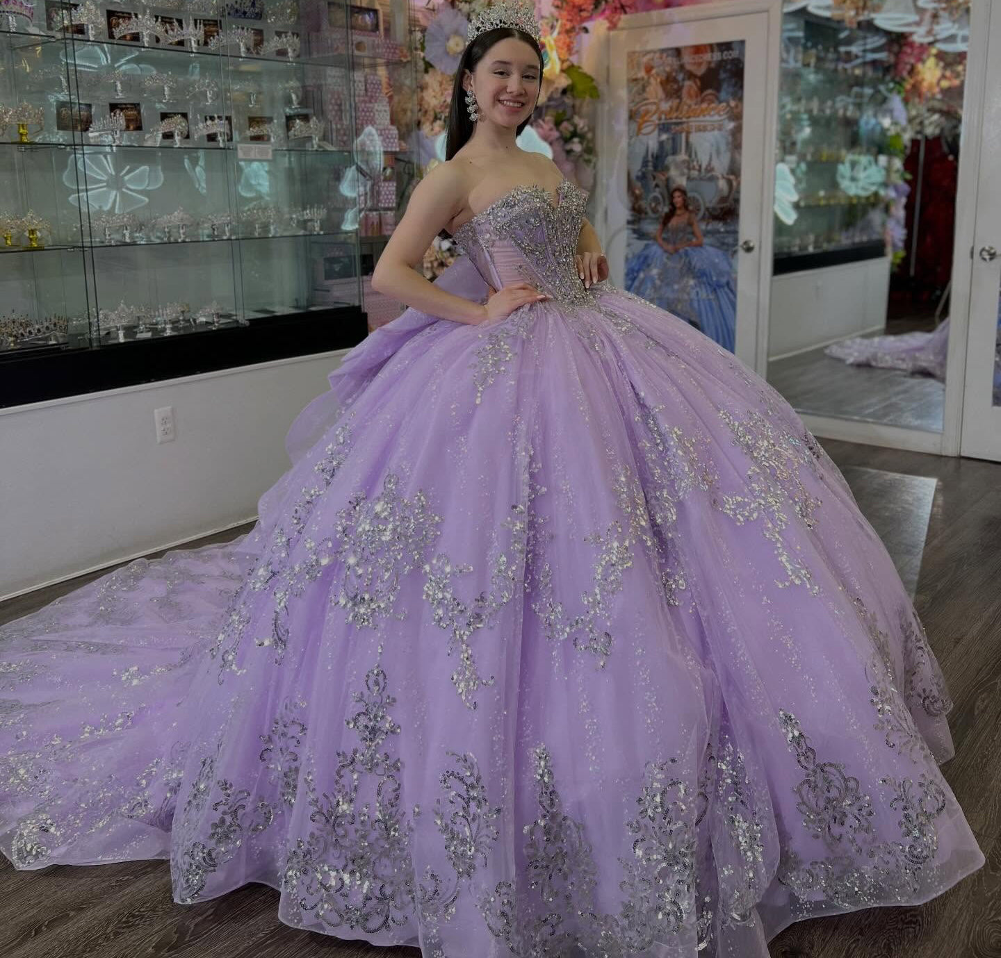 Sweetheart Ball Gown Lilac Quinceanera Dresses Glittery Tulle Beaded Sweet 15 Gowns HE1413
