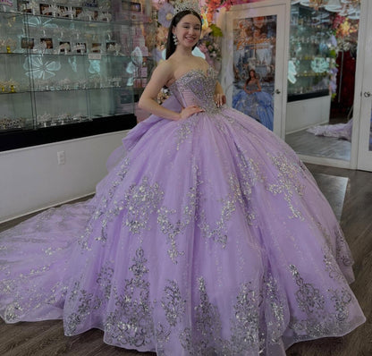 Sweetheart Ball Gown Lilac Quinceanera Dresses Glittery Tulle Beaded Sweet 15 Gowns HE1413