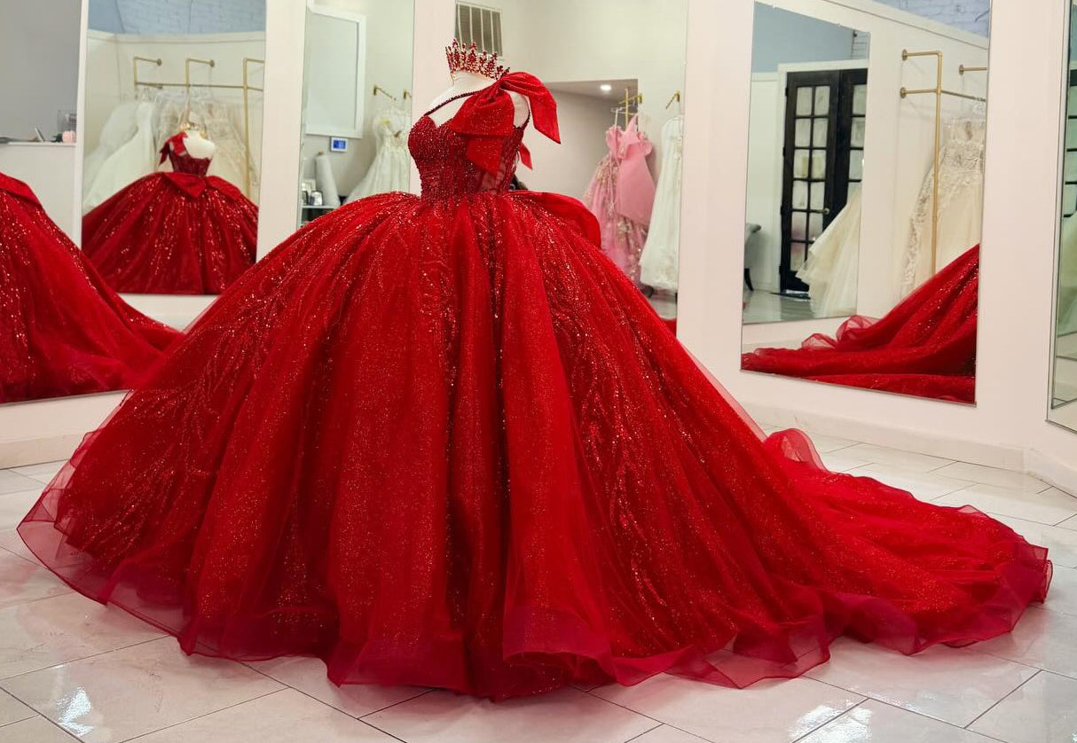 Princess Ball Gown Lace Beaded Red Quinceanera Dresses Sweet 16 Birthday Party Gown HE1254