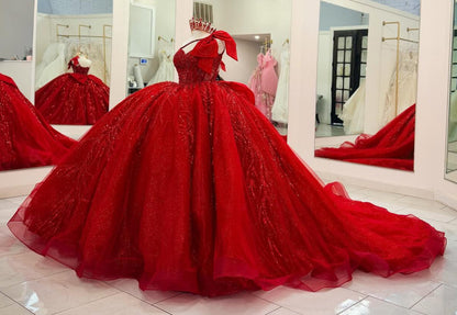 Princess Ball Gown Lace Beaded Red Quinceanera Dresses Sweet 16 Birthday Party Gown HE1254