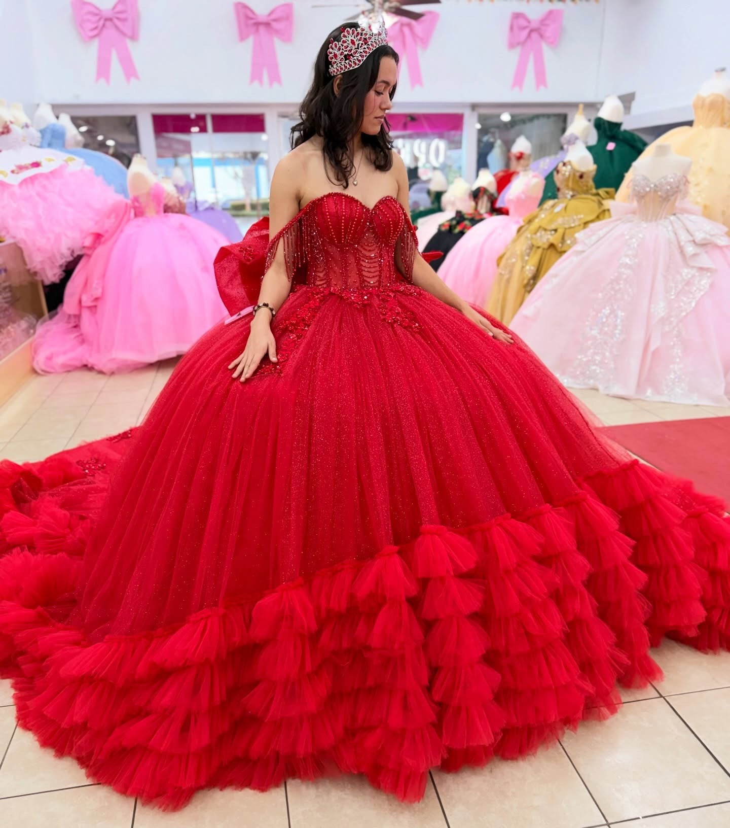 Princess Tulle Ruffled Red Quinceanera Dresses Off Shoulder Sweet 15 Birthday Gown HE1407