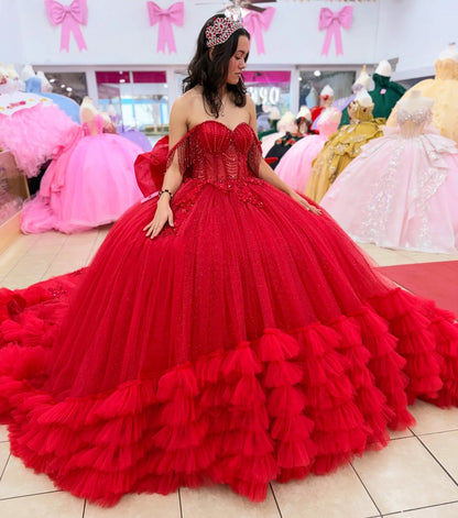 Princess Tulle Ruffled Red Quinceanera Dresses Off Shoulder Sweet 15 Birthday Gown HE1407