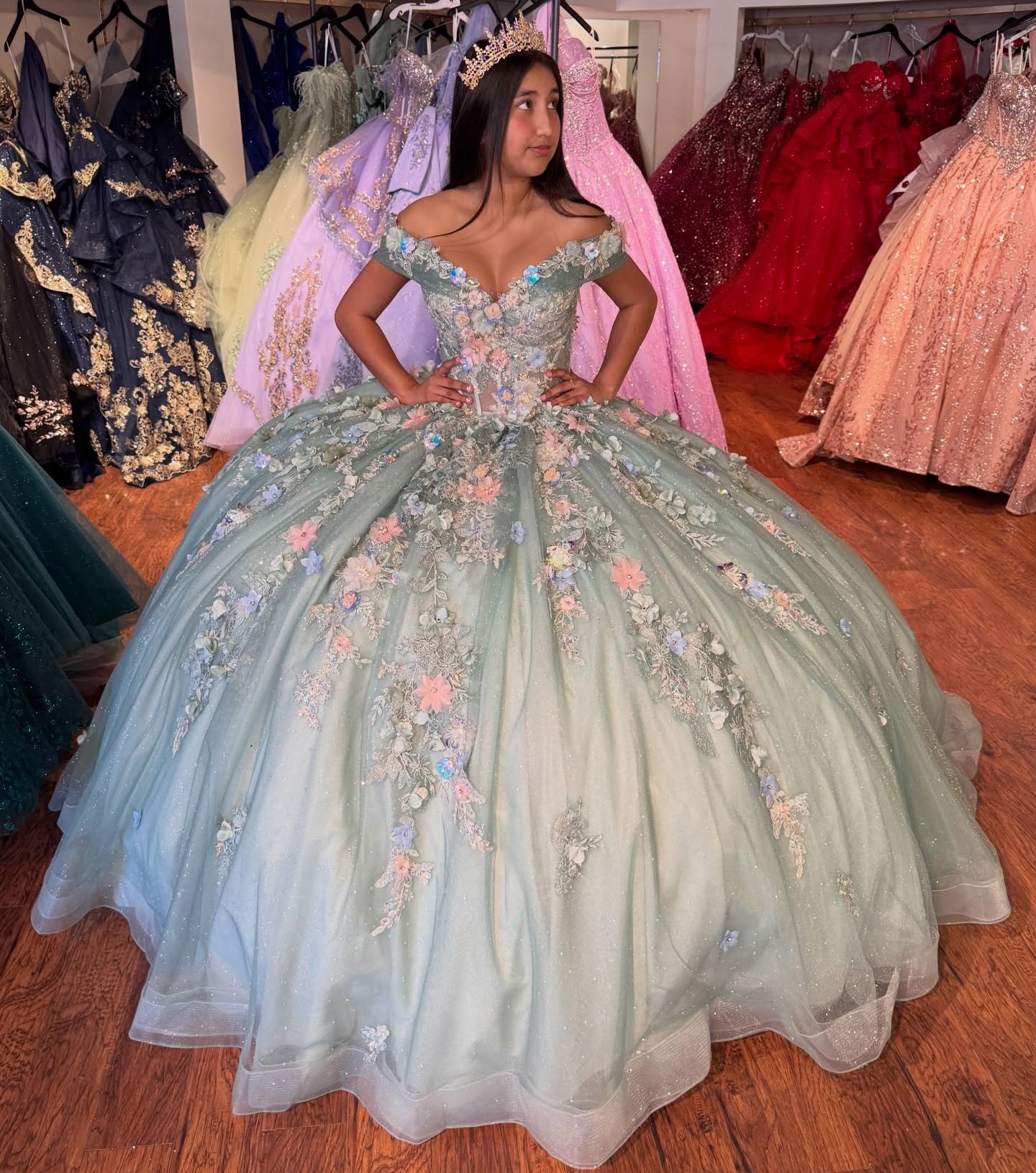 Off Shoulder 3d Flower Green Quinceanera Dresses Princess Sweet 15 Tulle Party Gowns HE1411