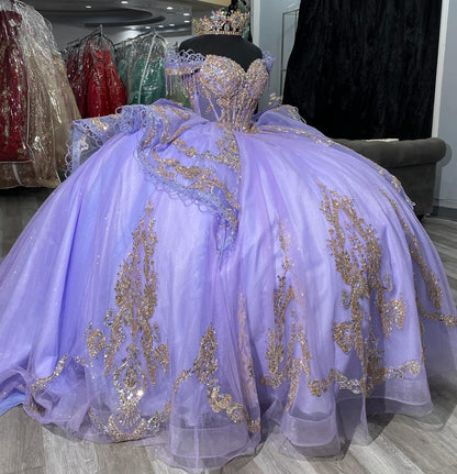 Off Shoulder Lace Beaded Lilac Quinceanera Dresses Corset Party Gowns for Sweet 15 HE1307