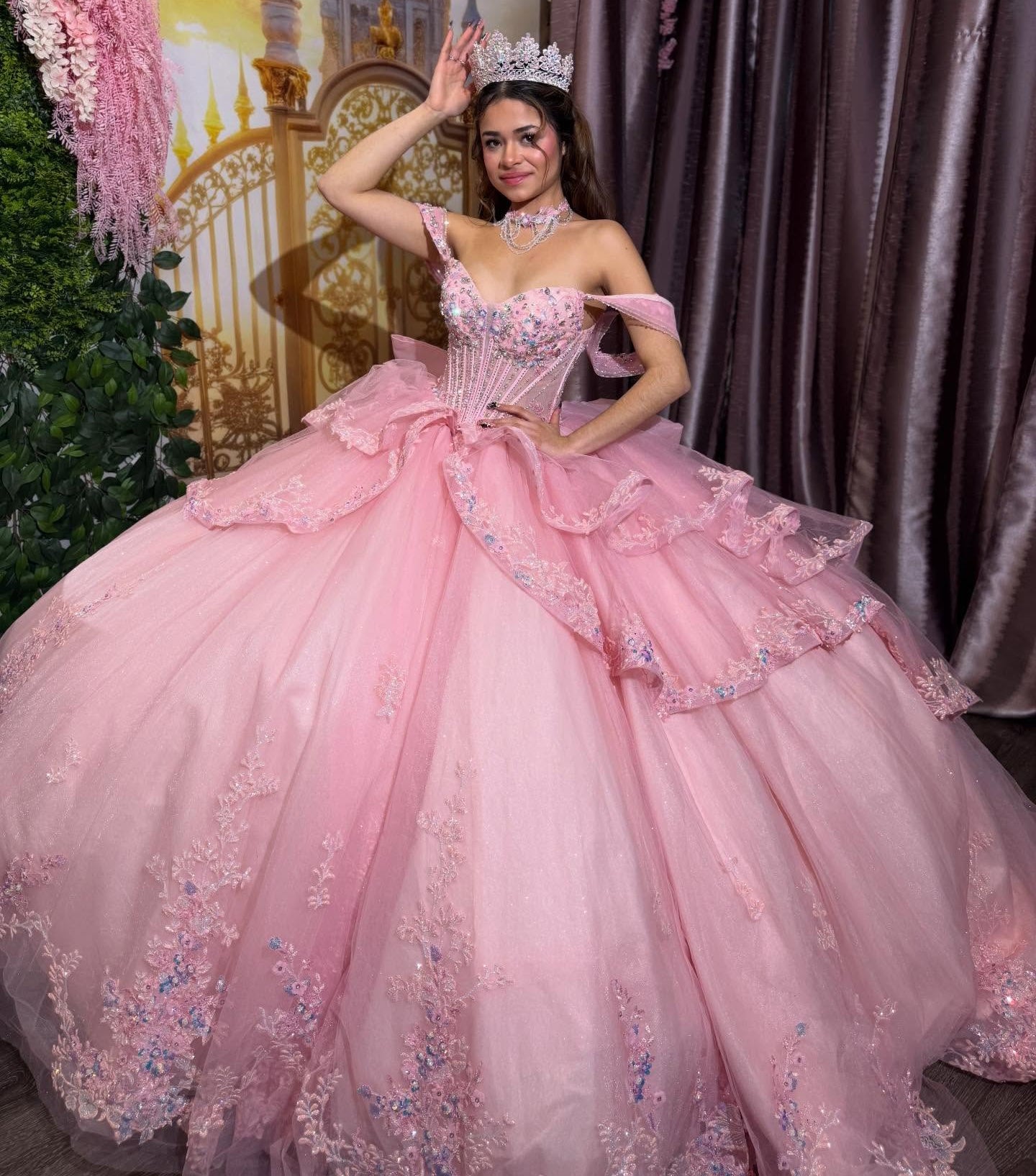 Ball Gown Tulle Lace Pink Quinceanera Dresses Ruffled Corset Sweet 16 Party Gowns HE1349
