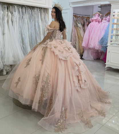 Ball Gown Tulle Corset Quinceanera Dresses Lace Appliqued Sweet 16 Birthday Dress HE1284