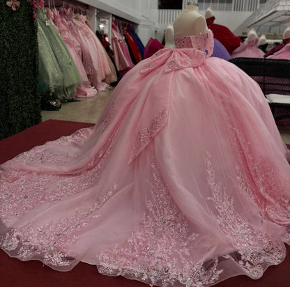 Glittery Tulle Lace Appliqued Pink Quinceanera Dresses Sweet 16 Birthday Party Gown HE1394