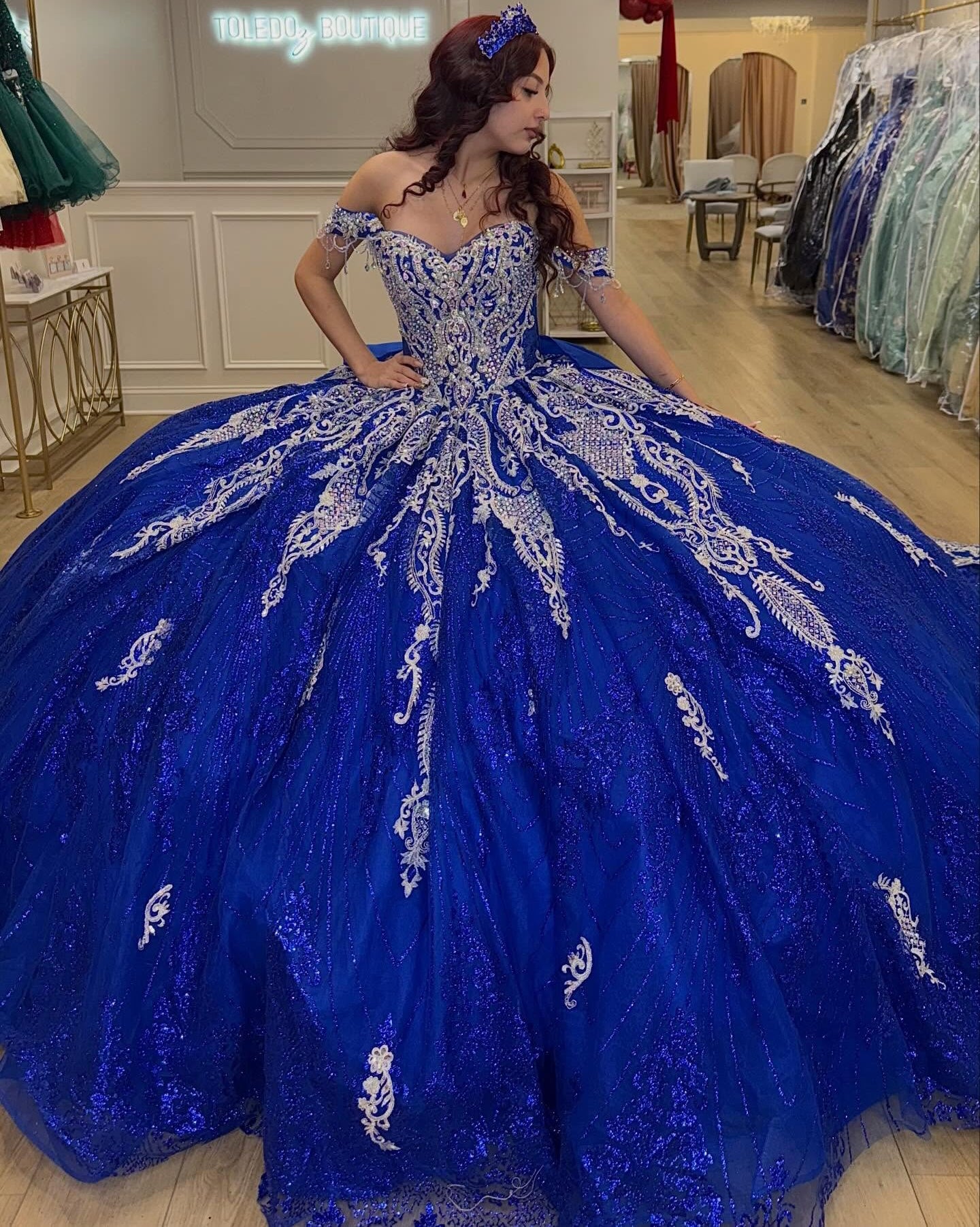 Tulle Appliqued Beaded Blue Quinceanera Dresses Off Shoulder Sweet 15 Party Gowns HE1287