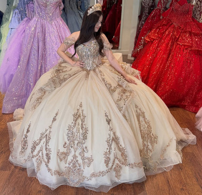 Gorgeous Tulle Appliqued Champagne Quinceanera Dresses Sweet 15 Lace Party Gown HE1405