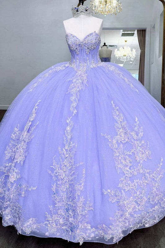 Tulle Lace Appliqued Lilac Quinceanera Dresses Strapless Party Gowns for Sweet 15 HE1295