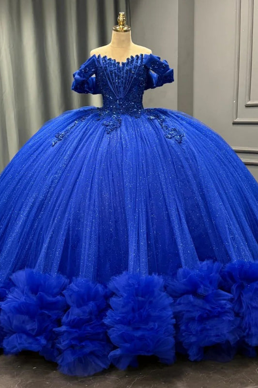 Ball Gown Tulle Ruffled Blue Quinceanera Dresses Crystal Beaded Birthday Party Gowns HE1362