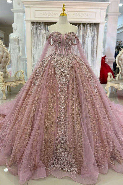 Luxury Lace Crystal Beaded Pink Quinceanera Dresses Off Shoulder Party Dress HE1265