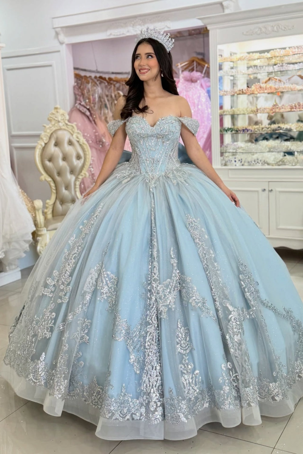 Princess Lace Sequin Appliqued Quinceanera Dresses Off Shoulder Sweet 16 Party Gown HE1404