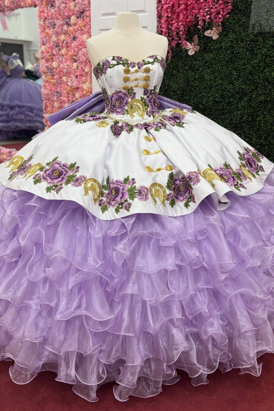 Sweetheart Ball Gown Lilac Quinceanera Dresses Tulle Ruffled Flower Sweet 16 Party Dress HE1215